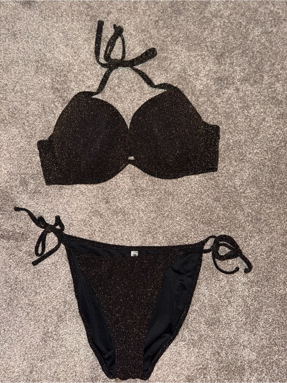 Victoria’s Secret Black Shimmer Bikini. Top is XL bottoms are L.
